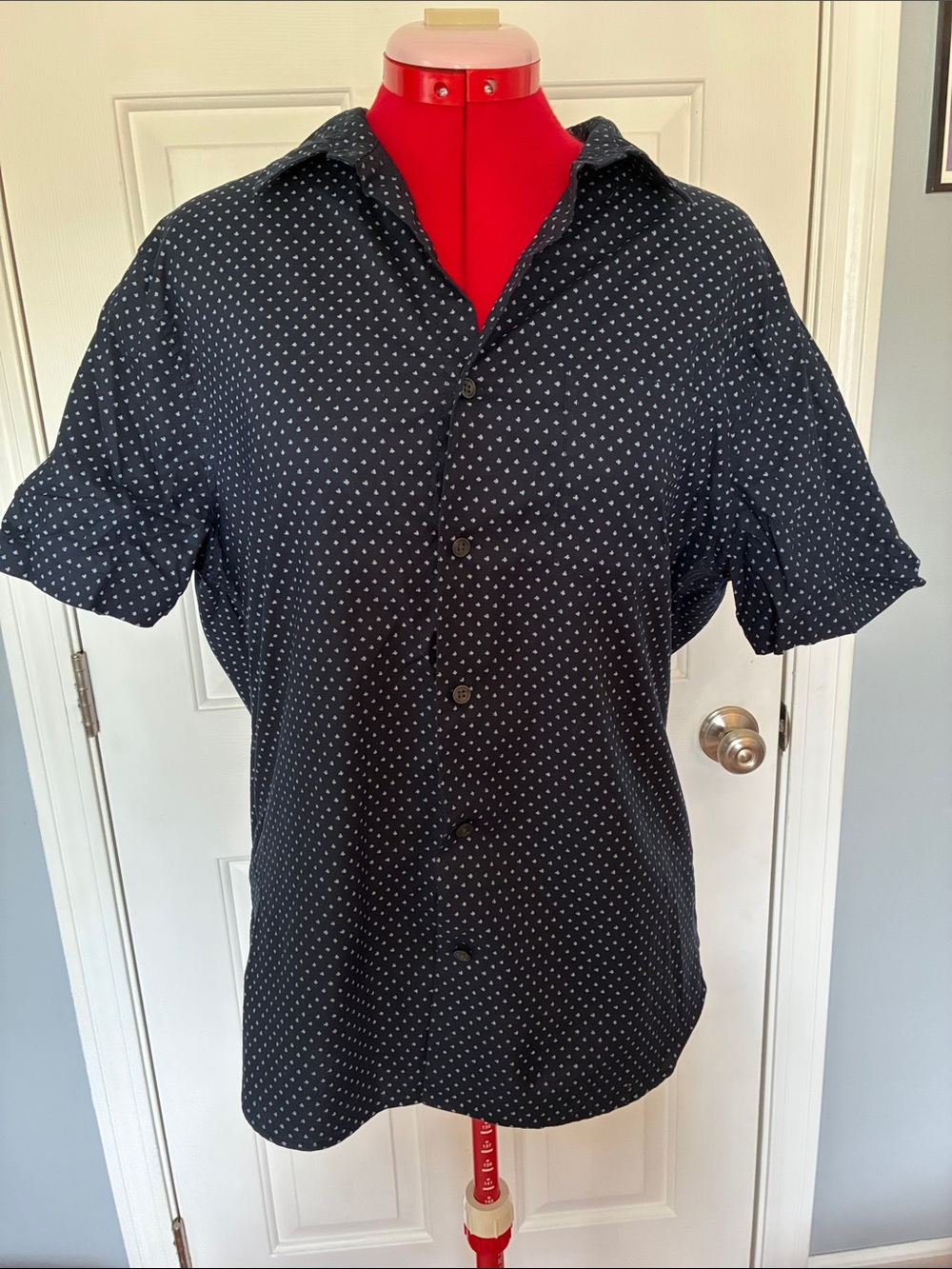 Vince Navy Short-Sleeve Button-Down Shirt with White Micro Dots